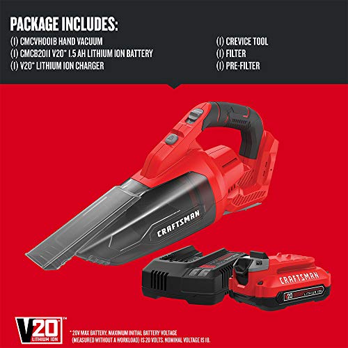 CRAFTSMAN V20 Cordless Hand Vacuum, 45 CFM, 2 Stage Filtration System with Filter, Battery and Charger Included (CMCVH001C1)