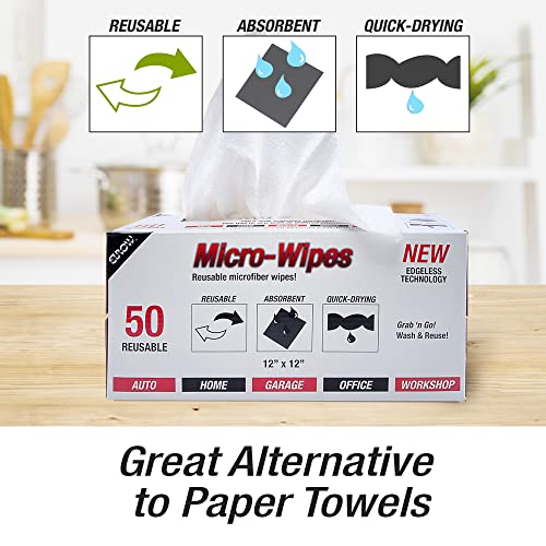 Eurow 200GSM Microfiber Cleaning and Drying Cloths with Dispenser Box, Reusable, Streak-Free, Scratch-Free, Ultra Absorbent, Edgeless for All Surface Types, 12x12in, 50-Pack, White