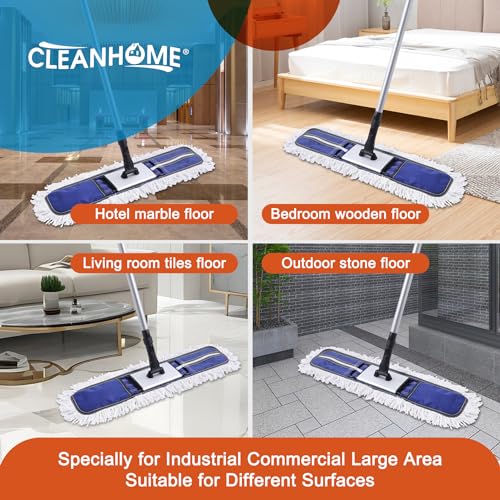 CLEANHOME 24" Commercial Dust Mop for Floor Cleaning, Heavy Duty Duster Floor Mop with 59” Extendable Long Handle,Hotel Gym Garage Hospital Household Cleaning Supplies for Hardwood,Marble Floors,Blue