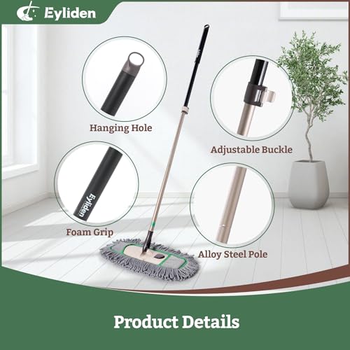 Eyliden Pro Dust Mop for Floor Cleaning | Dry Mop with 3 Reusable Microfiber Pads, Pet Hair Removal, Spill Absorption | One-Click Replacement, Telescopic Handle for Home and Commercial Use, Grey+Green