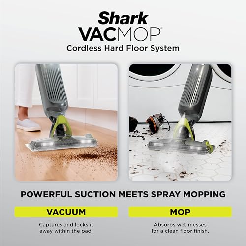 Shark VACMOP Cordless Hard Floor Cleaner, Vacuum and Spray Mop, Powerful Suction, Lightweight, LED Headlights, Includes 4 Disposable Pads, 12oz Multi-Surface Cleaning Solution, Gray, VM252