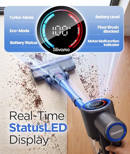 Slivamo S10 Cordless Vacuum Cleaner, 40KPA/500W/45Mins, LED Display, 8-in-1 Lightweight Stick Vacuum Cleaners for Home with Green LED Light, 6-Stages Filtration, Self-Standing Design, Blue