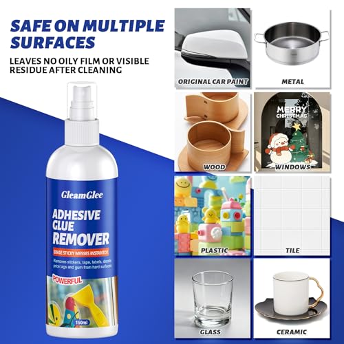 Adhesive Remover Spray 5.03oz – Powerful Glue & Sticker Remover for Tape, Labels, Silicone, Grease, Gum & Wax Residue – Safe on Glass, Metal, Plastic, Wood & Hard Surfaces – Includes Scraper