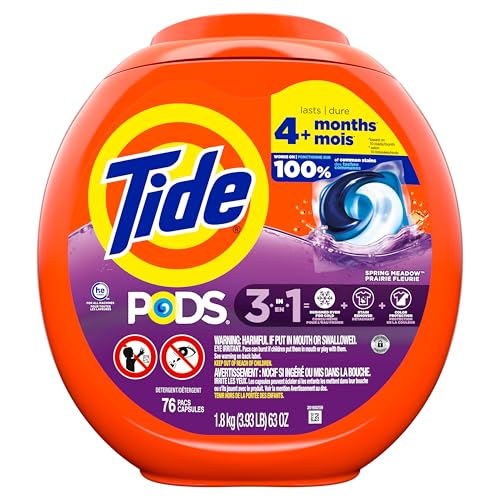 Tide PODS laundry detergent pacs, 3-in-1 Stain Remover, Odor Fighter, Color Protector, 76 Count, HE compatible, Spring Meadow Scent