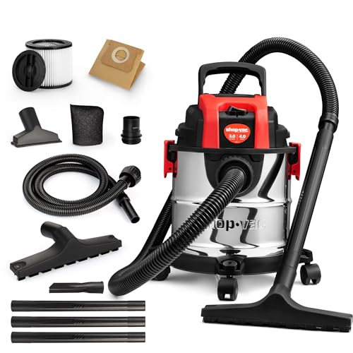 Shop-Vac 3 Gallon 4.0 HP Wet/Dry Vacuum with Blower Function, Stainless Steel Tank, Portable Shop Vacuum with Wheels, Includes Filters, Hose & Accessories, Ideal for Garage and Workshop