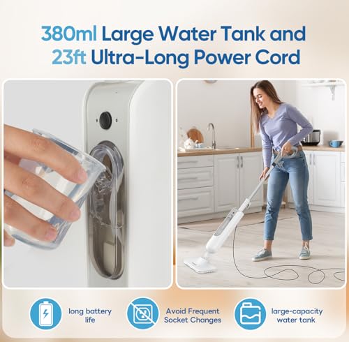 Steam Mop All-in-one Multi-Functional Powerful Steam Cleaner, Handheld Detachable Floor Steamer with 2 Steam Level, 380ML Water Tank & 23FT Power Cord for Whole Home Use