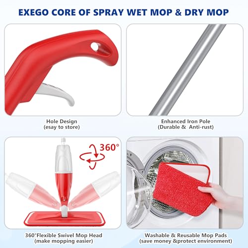 Spray Mops for Floor Cleaning: EXEGO Wet Mop with 3 Washable Microfiber Pads for Swiffer Powermop - Floor Flat Mop Dust Dry Nops for Hardwood Tile Wood Laminate Vinyl Marble - Home Commercial Mop