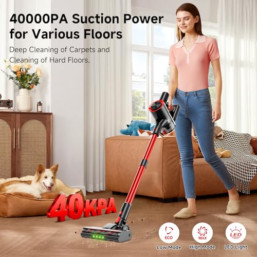 Clinkal Cordless Stick Vacuum Cleaner, 40Kpa Powerful Suction Vacuum Cleaner with LED Headlight, Detachable Battery, 8-in-1 Lightweight Handheld Vacuums for Pet Hair Carpet and Hardwood Floor, Red