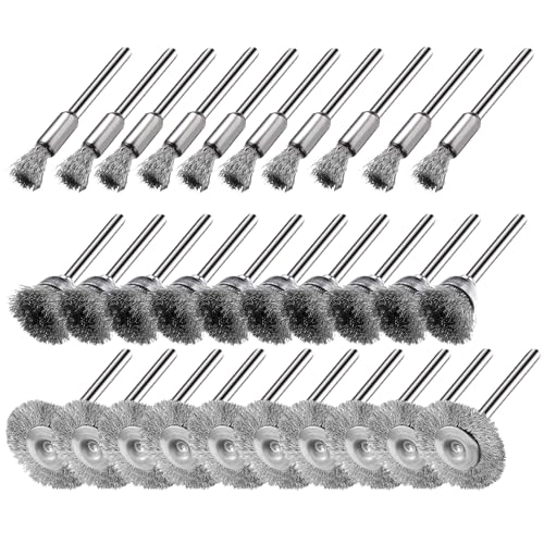 30 Pieces Stainless Steel Wire Brushes, Mini Wire Brush Polishing Wheel Kits for Dremel Rotary Tools (1/8 Inch Mandrel)
