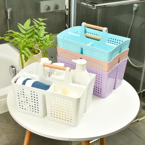 PAKCHOICE Portable Shower Caddy Basket with Wood Handle, 3-Compartment Bathroom Organizer Tote with Drain Holes, Plastic Shower Basket for Dorm, Toiletries, Cleaning Supplies, Dark Gray