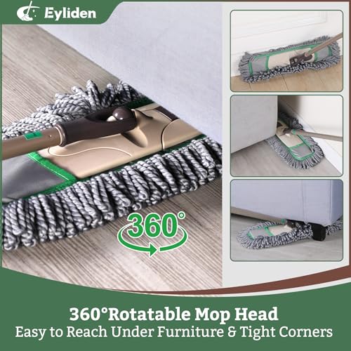 Eyliden Pro Dust Mop for Floor Cleaning | Dry Mop with 3 Reusable Microfiber Pads, Pet Hair Removal, Spill Absorption | One-Click Replacement, Telescopic Handle for Home and Commercial Use, Grey+Green