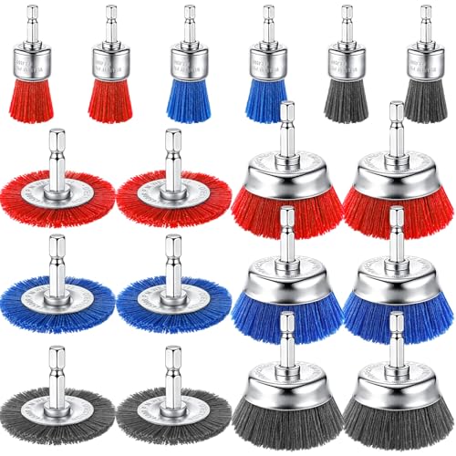 Bokon 18 Pack Nylon Filament Abrasive Wire Brush Wheel & Cup Brush Set with 1/4in Hex Shank for Cleaning Sanding Drill Scrub Brushes Attachment Remove Paint 80/120/240 Grit