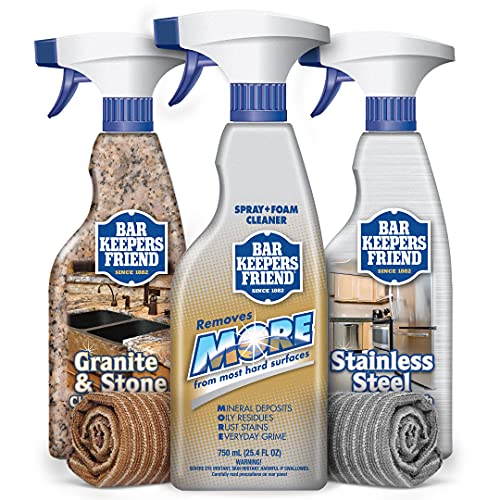 Bar Keepers Friend All Purpose Bundle - with Granite & Stone Cleaner & Polish (25.4 oz), Stainless Steel Cleaner & Polish (25.4 oz), MORE Spray & Foam Cleaner (25.4 oz), Granite & Stone Microfiber Cloth (1), Stainless Steel Microfiber Cloth (1)