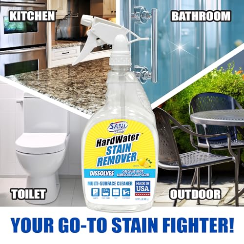 SANI 360° Hard Water Stain Cleaner (32 oz) 60 second multi-surface sealant and cleaner. Reduces buildup, calcium, limescale, rust, and soap scum. Lemon scent MADE IN USA