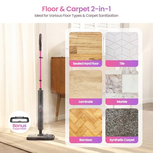 Schenley Steam Mop Cleaner Powerful - 15s Fast Heat-Up, Chemical-Free for Hardwood/Tile/Laminate & Floors/Walls, Washable Pads, 3 Modes for Carpet, Lightweight, Self-Standing, Sleek Design