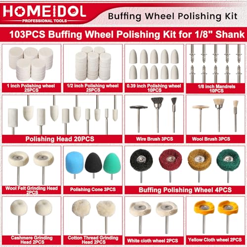 103PCS Buffing Wheel for Dremel Polishing Kit, HOMEIDOL 1/8" Shank Polishing Wheel for Dremel Tool Accessories, Abrasive Wheel Buffing Wire Brush Woolen Brush Rotary Polish Bits