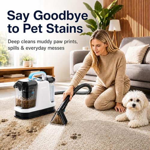 Upholstery Cleaner Machine & Carpet Cleaner | Portable Spot Cleaner with Strong Suction and Scrubbing Brush for Pet Stains, Spills on Couches, Rugs, Mattresses, Car Interiors (White)
