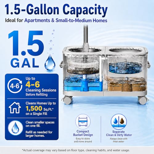 Compact Spin Mop for Apartments & Small Spaces, Clean & Dirty Water Separation Mop Bucket for Pet Owners & Daily Cleaning,360° Swivel Wheels, Safe for Hardwood & Tile, Adjustable Handle, 6 Mop Heads