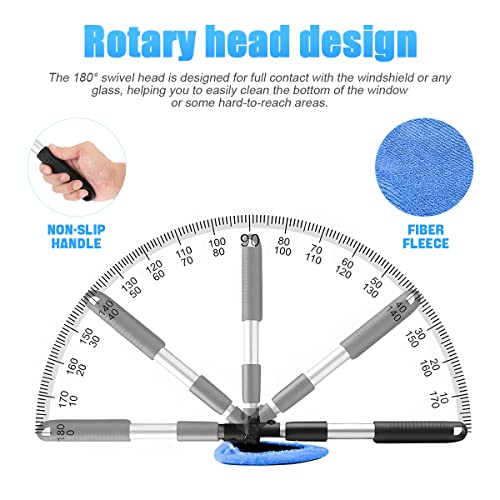 Windshield Cleaning Tool, Car Window Cleaner with Extendable Long Handle and 4 Washable Reusable Microfiber Pads, Auto Interior Exterior Glass Wiper Cleaning Kit Universal for Office and Home (Blue)
