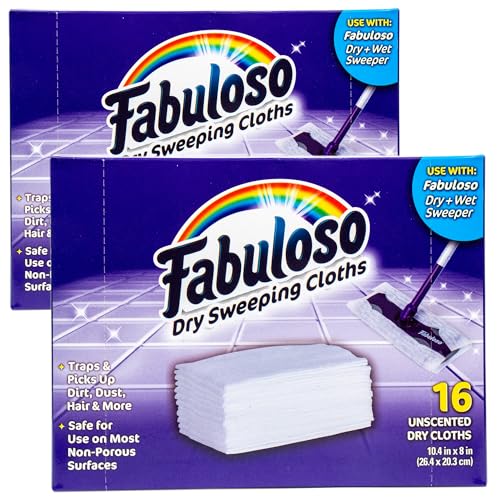 Fabuloso Dry Cloths Sweeping Pads, 16 Count, Disposable Dry Cloths for Use with Fabuloso Dry and Wet Sweeper, Traps and Locks Dirt, Dust, and Hair, 10.4 x 8 Inches Each - 2 Pack