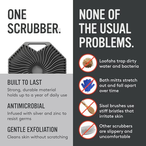 Sud Scrub® Antimicrobial Silicone Body Scrubber, Exfoliating Body Brush for Sensitive Skin, Antibacterial Shower Scrubber for Body, Bathroom Essentials for Men & Women, Charcoal