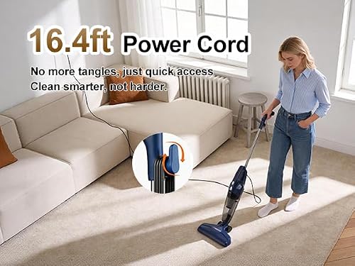 Sancorp Vacuum Cleaner for Home Powerful Suction Lightweight Self-standing 16.4ft Cord HEPA Filter 3-in-1 Handheld with 180°Left-Right Steering for Pet Hair Hard Floors Vinyl Carpet Car Office (VA001)