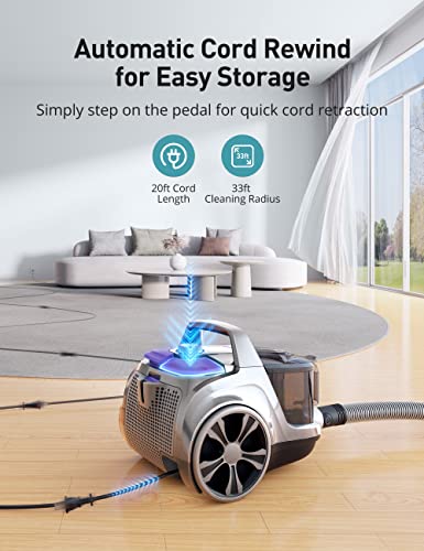 Aspiron Canister Vacuum, Upgraded 1600W Bagless Canister Vacuum Cleaner, Auto Cord Rewind, H13 HEPA Filter, 4Qt Large Capacity, 5 Tools for Hard Floors, Carpet, Pet, Upholstery, Tiles, Purple