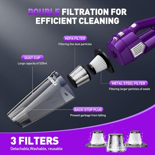 DBHAL Handheld Vacuum Cordless, 15000PA Powerful Suction Car Vacuum Cleaner Lightweight with Multi Accessories, Hand held Vacuum Cleaner Cordless Rechargeable for Car Home