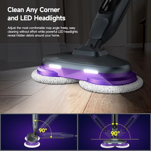 BOJUK Scrub & Steam Mop with Rotating Mop Pads, LED Headlights, 6 Scrub Pads, Large Tank, Swivel Steering, Effortless Scrubbing Hard Floor Cleaner Upgraded