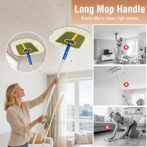 Commercial Dust Mop for Hardwood Floors Cleaning,Industrial Dry Mop Broom with 2 Replacement Wedge Cotton Mop Pads for Walls,Hardwood,Laminate, Vinyl,Tile,Home,Warehouse Floor Duster,Green