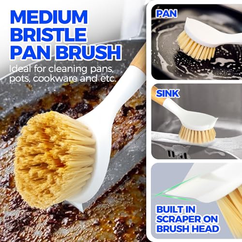 Holikme 3 Pack Dish Brush Set with Bamboo Handle, Kitchen Brushes for Cleaning Pot, Sink and Stove, Skillet Scrubber with Tough Bristles for Cast Iron Grill Pan, White Yellow Black