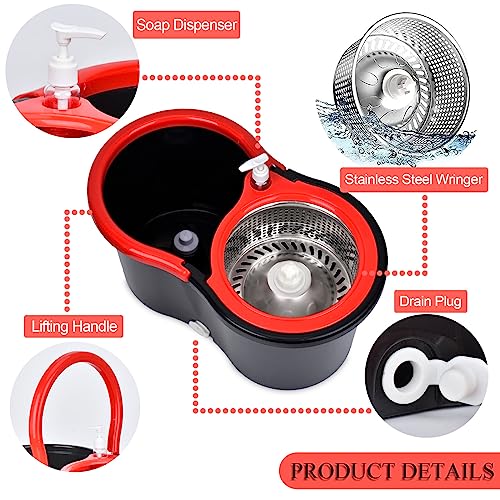 Spin Mop and Bucket with Wringer Set, 360° Spinning Mop Bucket System with 3 Microfiber Mop Replacement Heads and 61" Stainless Steel Adjustable Handle for Floor Cleaning