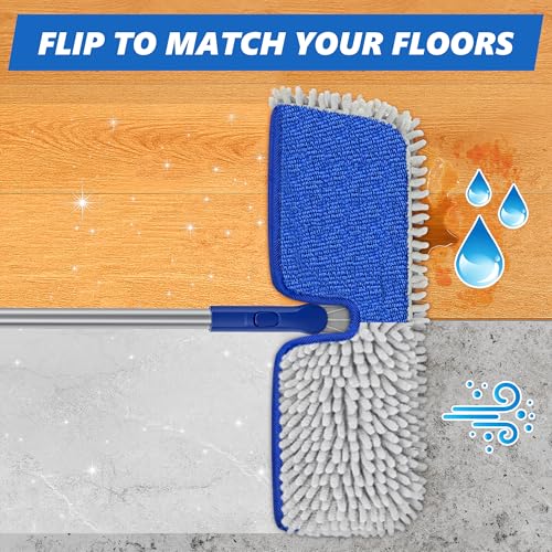 Enspoway 2-Sided Microfiber Dust Mop: Dry Flat Wall Mop for Hardwood Floors with 3 Reusable Pads Reversible Head for Apartment Kitchen Tile Laminate Pet Hair Cleaning