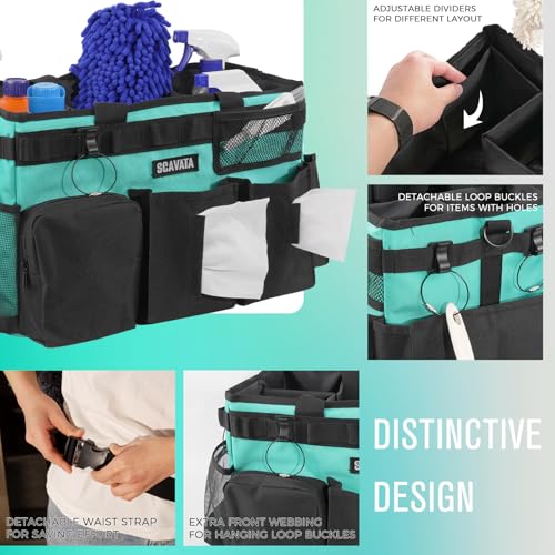 SCAVATA Wearable Cleaning Caddy Bag, Cleaning Caddy Supplies Organizer with Handle & Shoulder Straps for Housekeepers, Under Sink & Car Cleaning Tool Organizers with 4 Foldable Divider (Lake Blue)