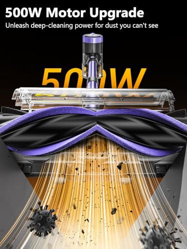 Cordless Vacuum Cleaner, 55KPa/500W Stick Vacuum with 55 Mins Runtime, Self-Standing Vacuum Cleaner for Home, LED Display, Anti-Tangle Brush, Rechargeable Vacuum for Hardwood Floor, Pet Hair (Purple)