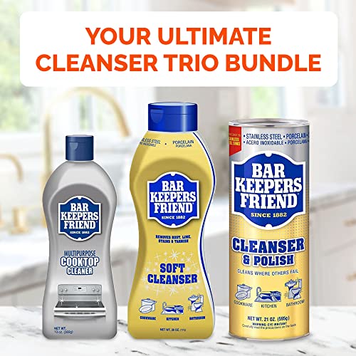 BAR KEEPERS FRIEND Cleanser Trio - Mega Bundle (21 Oz Cleanser and Polish Powder | 26 Oz Liquid Soft Cleanser | 13 Oz Cooktop Cleaner) Plus 1 Foxtrot Microfiber Towel and 1 Microfiber Scrubber Sponge