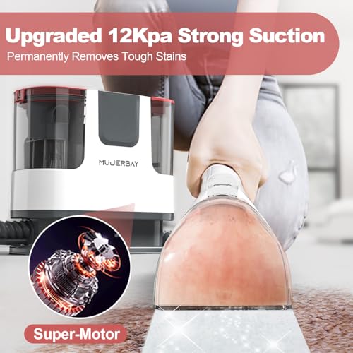 Upholstery Carpet Cleaner, MUJERBAY UltraHeat 12Kpa Portable Spot & Stain, Move with Universal Wheels & Handle, 1.18-inch Deep Cleaning Machine for Couch, Stairs, Car & Pet Messes.Silvery Black