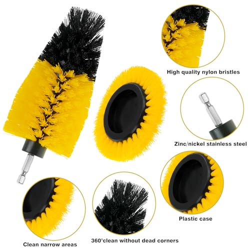 ETOUPA 8 Pcs Drill Brush Attachment Set, Power Cleaning Scrub Brush Kit with Extend Long Attachment, All Purpose Drill Scrub Brushes for Car, Grout, Floor, Tub, Bathroom and Kitchen (Yellow)