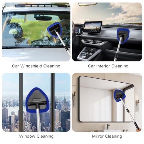 Qydipclin 11pcs Windshield Cleaner Tool, Car Window Cleaning Wash Kit with 6 Reusable Microfiber Pads 2 Spray Bottles and Extendable Handles Auto Glass Wiper Kit, Blue