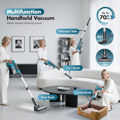 denqir 700W Cordless Vacuum Cleaners for Home with 2*Battery 8000mAh,Brushless Rechargeable Stick Vacuum with 3 Mode, 6 in 1 Portable Handheld Cordless Vacuum for Pet Hair/Hardwood Floor/Dorm (Blue)