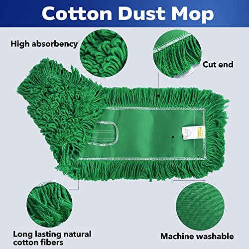Matthew Cleaning 24'' Industrial Strength Cotton Dust Mop Refill Washable Replacement Heads for Residential & Commercial Use Fit Standard Dust Mop Frames, Hardwood,Concrete Floors Green 3 Pack