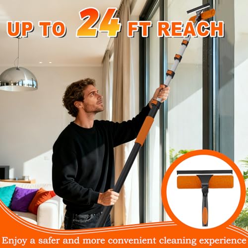 SISUPASSIE 30FT Reach 2-in-1 Window Squeegee, Professional Window Washing Kit with 5-24FT Extension Pole for Home, Indoor Outdoor Squeegee with Rotatable Head for High Windows