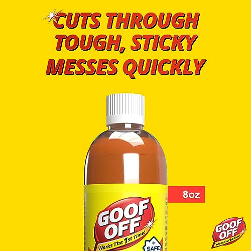 Goof Off Adhesive Gunk Remover, 8 fl. oz., Removes Stickers, Glue, Labels, Tape Residue and Adhesive, Ideal for Hard Surfaces Like Metal, Glass and Non-Acrylic Plastic