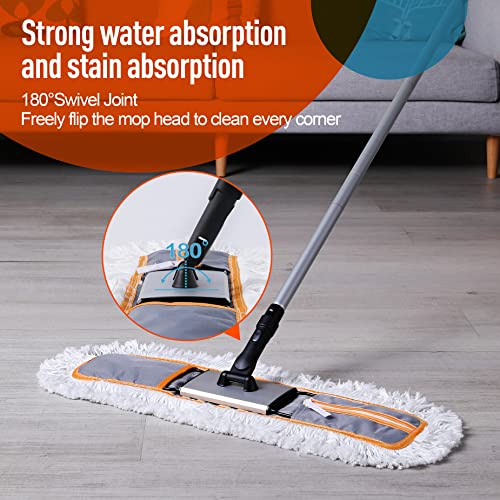 CLEANHOME 24" Commercial Dust Mop for Floor Cleaning, Heavy Duty Sweeper Broom with 2 Microfiber Mop Pads, Wet and Dry Duster Sweeper Broom for Marble, Laminate, Hardwood Floor Cleaning ,Grey
