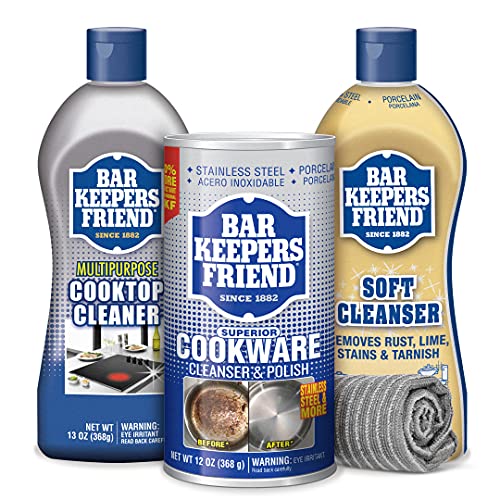 Bar Keepers Friend Kitchen Cleaning Bundle - with Soft Cleanser (13oz), Cooktop Cleaner (13oz), Cookware Cleanser & Polish (12oz), Stainless Steel Microfiber Cloth (1)
