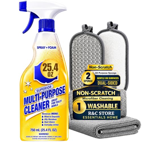 R&C Store Essentials Home Cleaning Bundle Kit, Includes Multi-Purpose More Spray and Foam Cleaner 25.4 oz + 2 Dual Scrub Sponges, Kitchen & Bathroom Cleaning Set