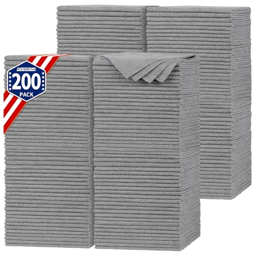 FIXSMITH Shop Towels, Pack of 200, Grey Microfiber Cleaning Cloth Bulk, Microfiber Towels for Cars, All-Purpose Absorbent Cleaning Rags, Dust Cloth for Automotive, Mechanic, Garage, 11.5 x 11.5 inch