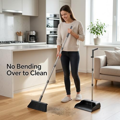 POPMOP Broom and Dustpan Set, 52" Long Handle Standing Broom with Dustpan Combo Set with Dust Pan Teeth to Clean Pet Hair, Easy Sweeping Suitable for Home Kitchen Office Lobby
