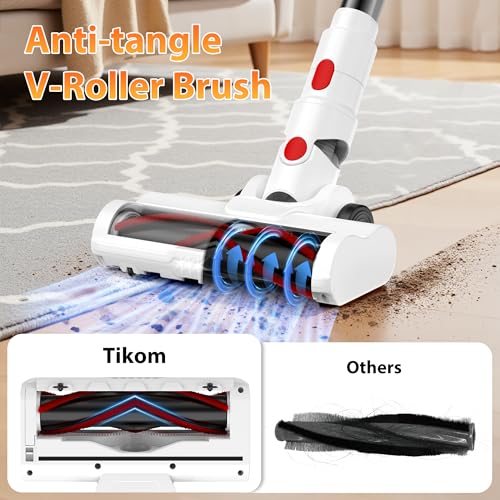 Tikom V750 Cordless Vacuum Cleaner for Home, 45000Pa/500W Stick Vacuum with LED Display, Charging Wall Dock, Anti-Tangle, Lightweight Handheld Vacuum for Pet Hair, Hard Floor, Carpet, White