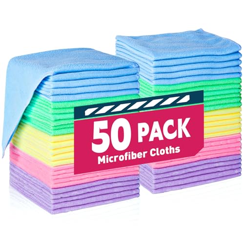 TEAWOO Microfiber Cleaning Cloths-50 Pack, Microfiber Towels Bulk, Towels for Cars & Home, Cleaning Rags 5 Colors Assorted (12x12 inches)